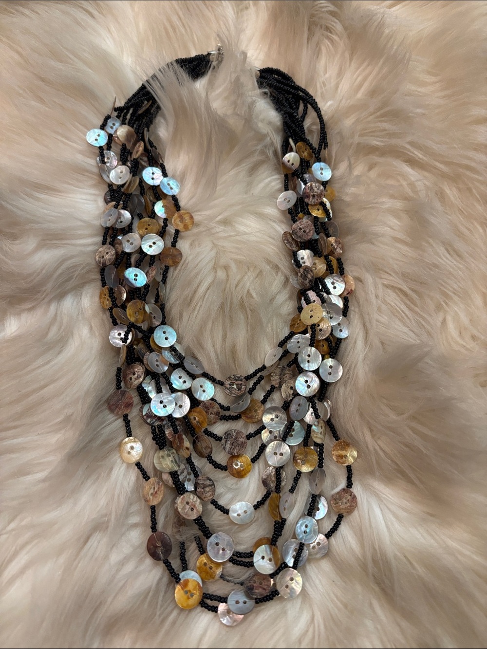 Hand Crafted Multi-Strand Black Necklace with Iridescent Shell Buttons